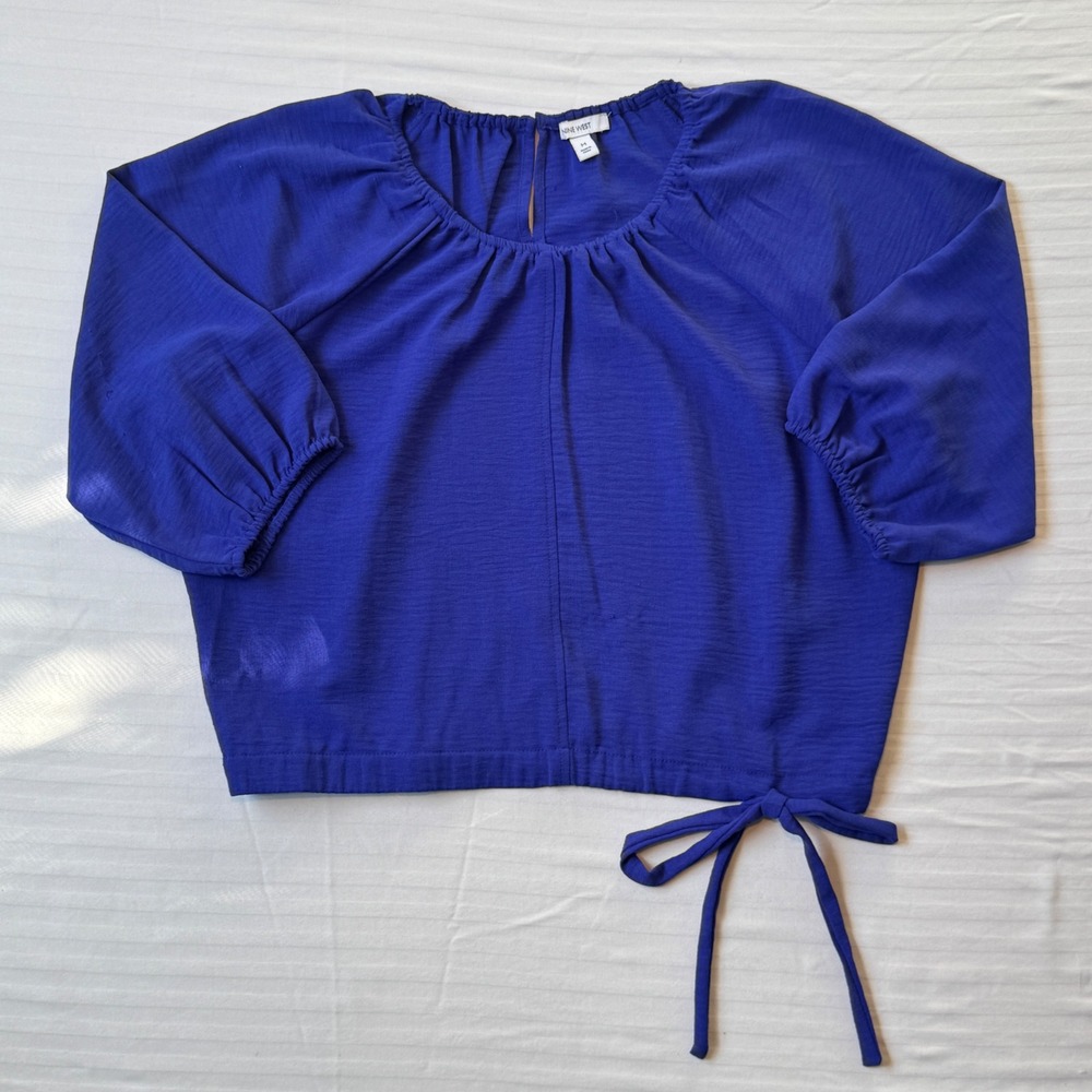 Nine West Royal Blue Textured Cropped Blouse Side Tie 3/4 Sleeve Size M